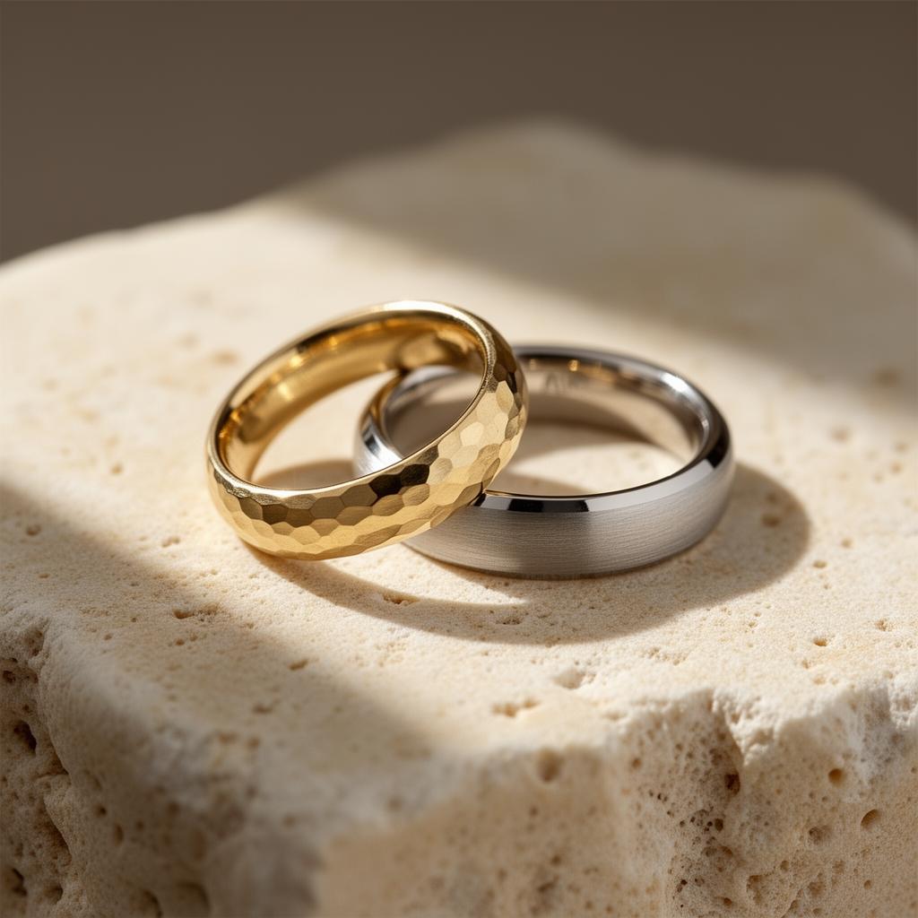 The Atlas — custom engagement ring, Hammered band · 14k gold